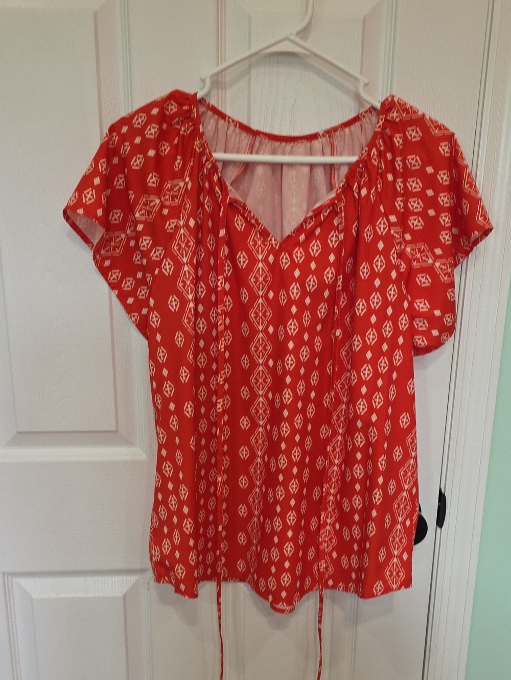 Red Geometric Peasant Blouse with Tie Neck